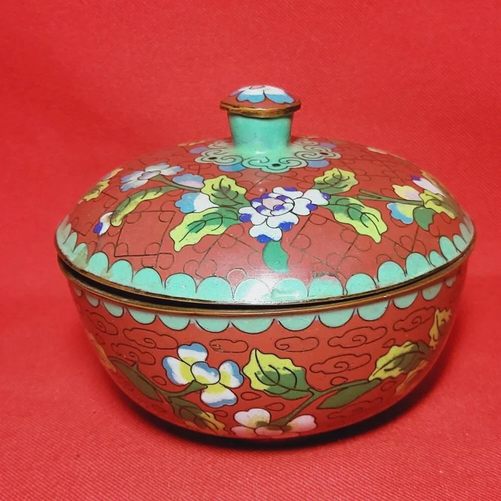 Vintage Cloisonné Brass Bowl With Lid Covered Red Dish